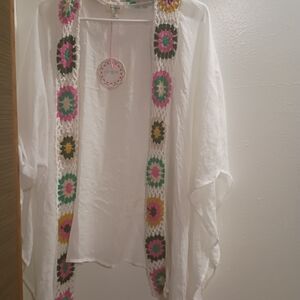 Umgee White Kimono with Multicolor Crochet Trim